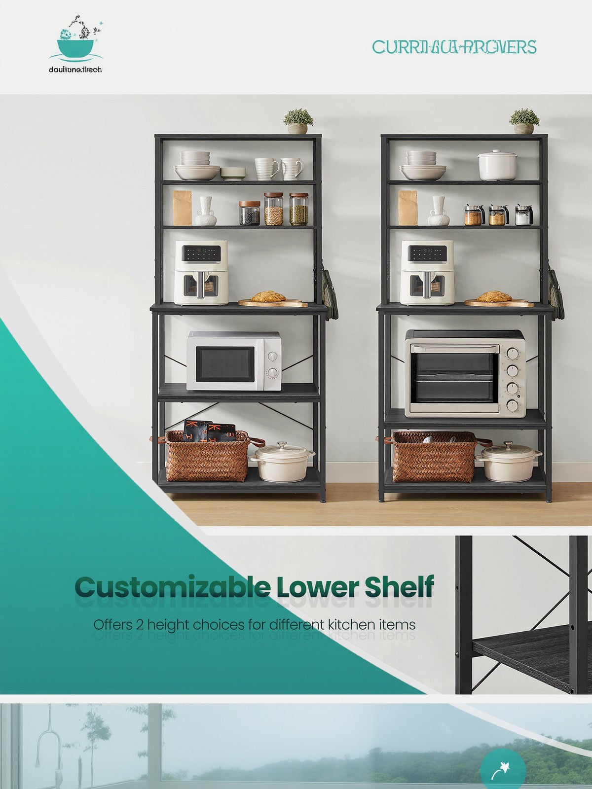 Baker's Rack – Wood and Metal – Rustic Brown and Black – 6-Tier Storage with Hooks and Microwave Stand
