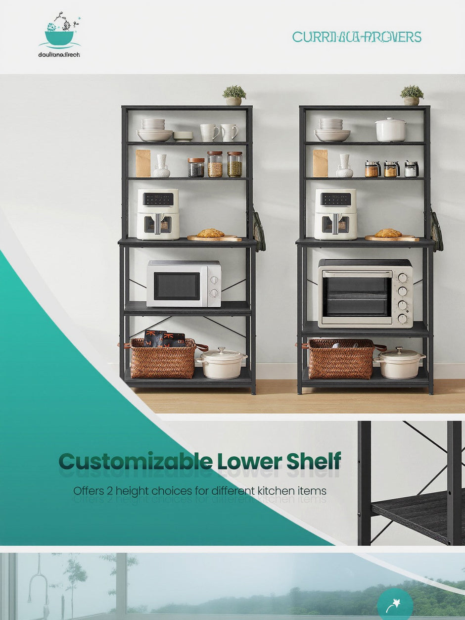 Baker's Rack – Wood and Metal – Rustic Brown and Black – 6-Tier Storage with Hooks and Microwave Stand