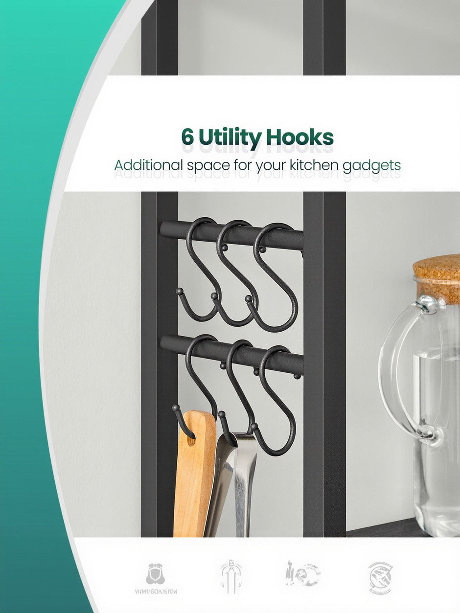 Baker's Rack – Wood and Metal – Rustic Brown and Black – 6-Tier Storage with Hooks and Microwave Stand