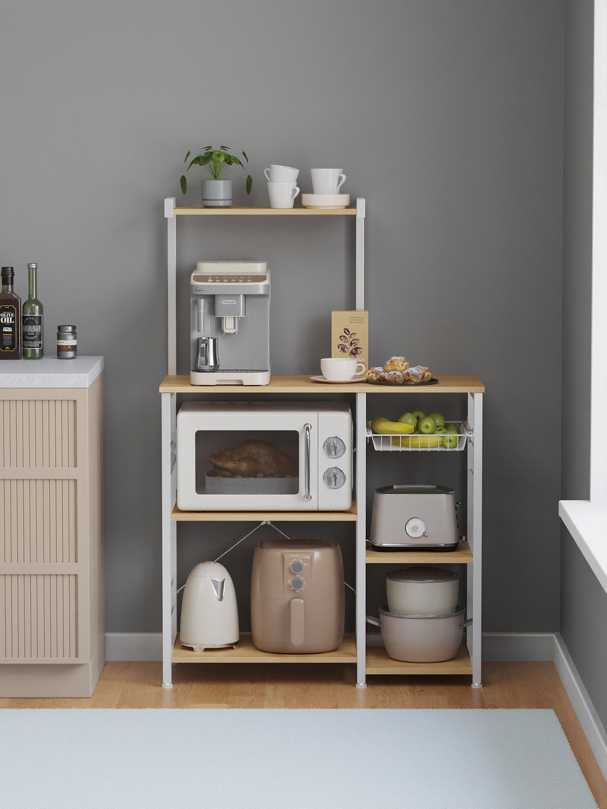 Baker's Rack – Metal and Wood – Greige and Black – Multi-functional Kitchen Storage with Wire Basket and S-Hooks