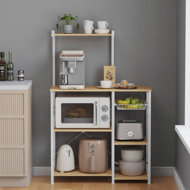 Baker's Rack – Metal and Wood – Greige and Black – Multi-functional Kitchen Storage with Wire Basket and S-Hooks