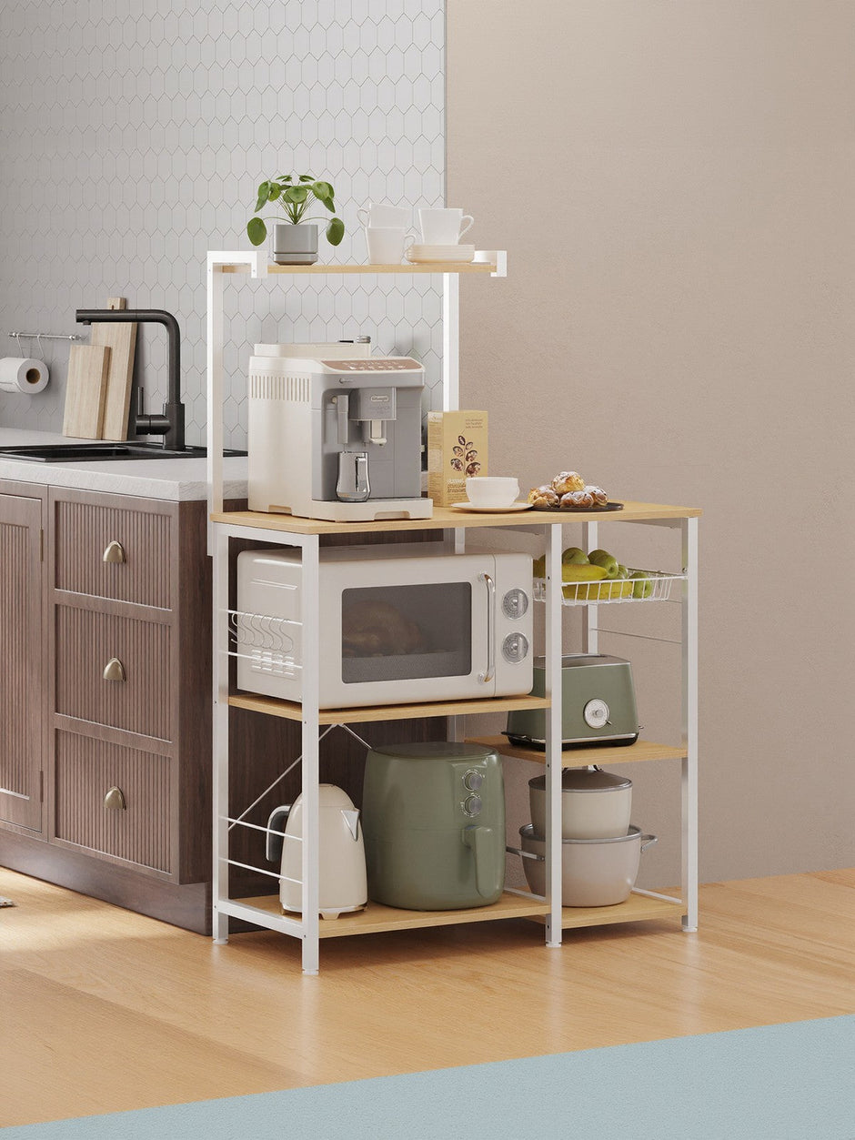Baker's Rack – Metal and Wood – Greige and Black – Multi-functional Kitchen Storage with Wire Basket and S-Hooks