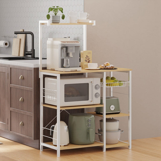 Baker's Rack – Metal and Wood – Greige and Black – Multi-functional Kitchen Storage with Wire Basket and S-Hooks