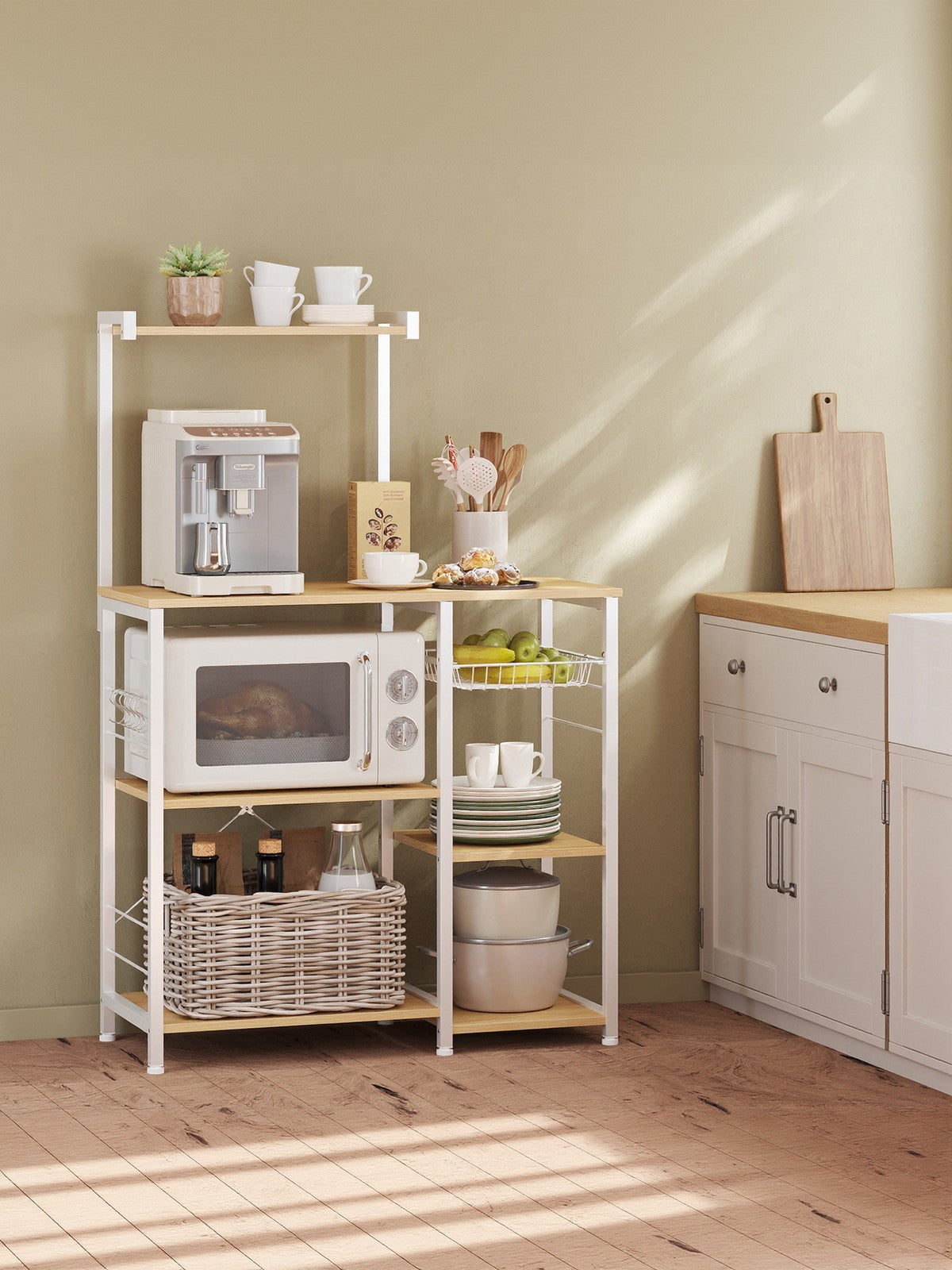 Baker's Rack – Metal and Wood – Greige and Black – Multi-functional Kitchen Storage with Wire Basket and S-Hooks