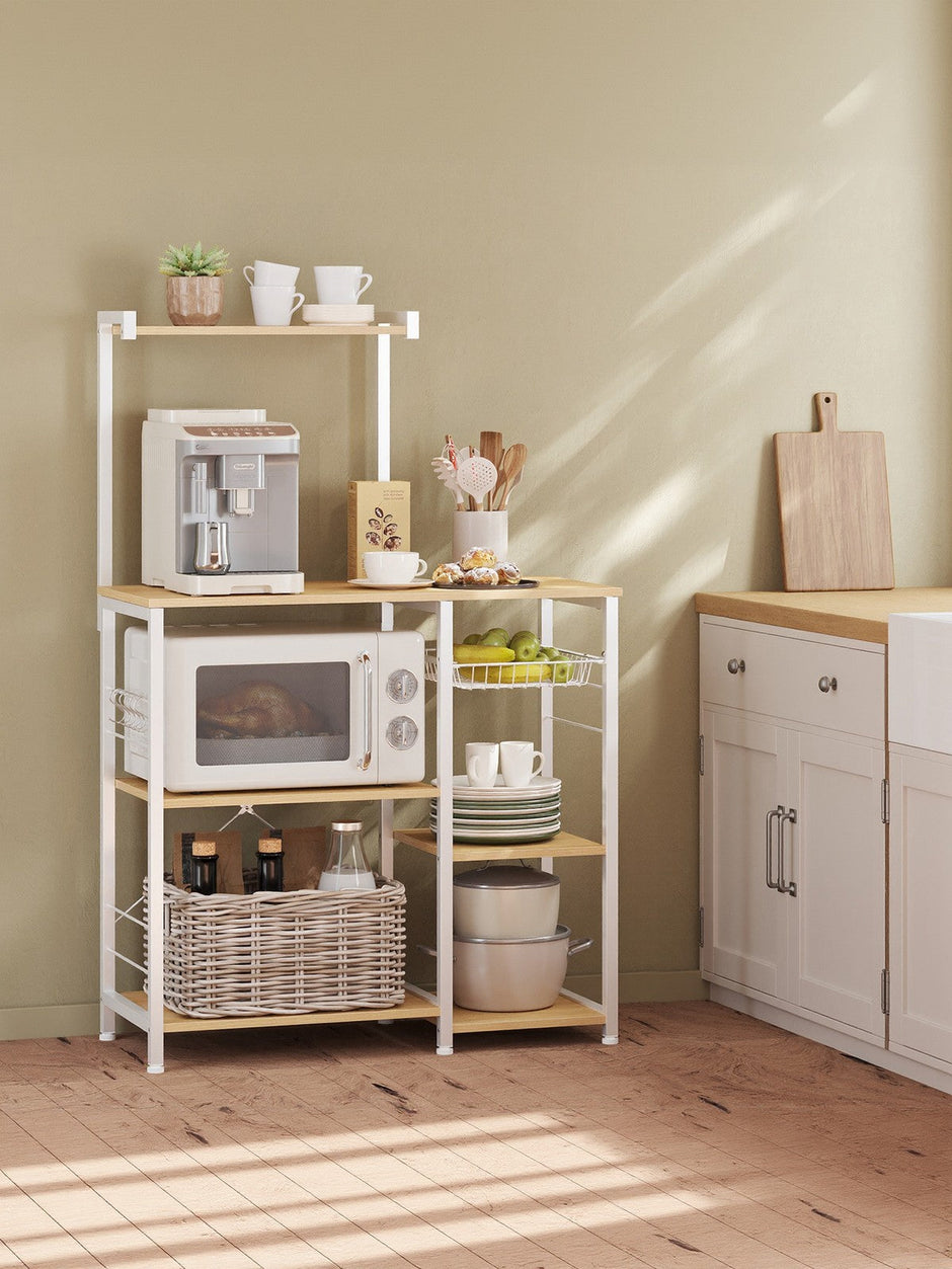 Baker's Rack – Metal and Wood – Greige and Black – Multi-functional Kitchen Storage with Wire Basket and S-Hooks