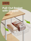 Baker's Rack – Metal and Wood – Greige and Black – Multi-functional Kitchen Storage with Wire Basket and S-Hooks