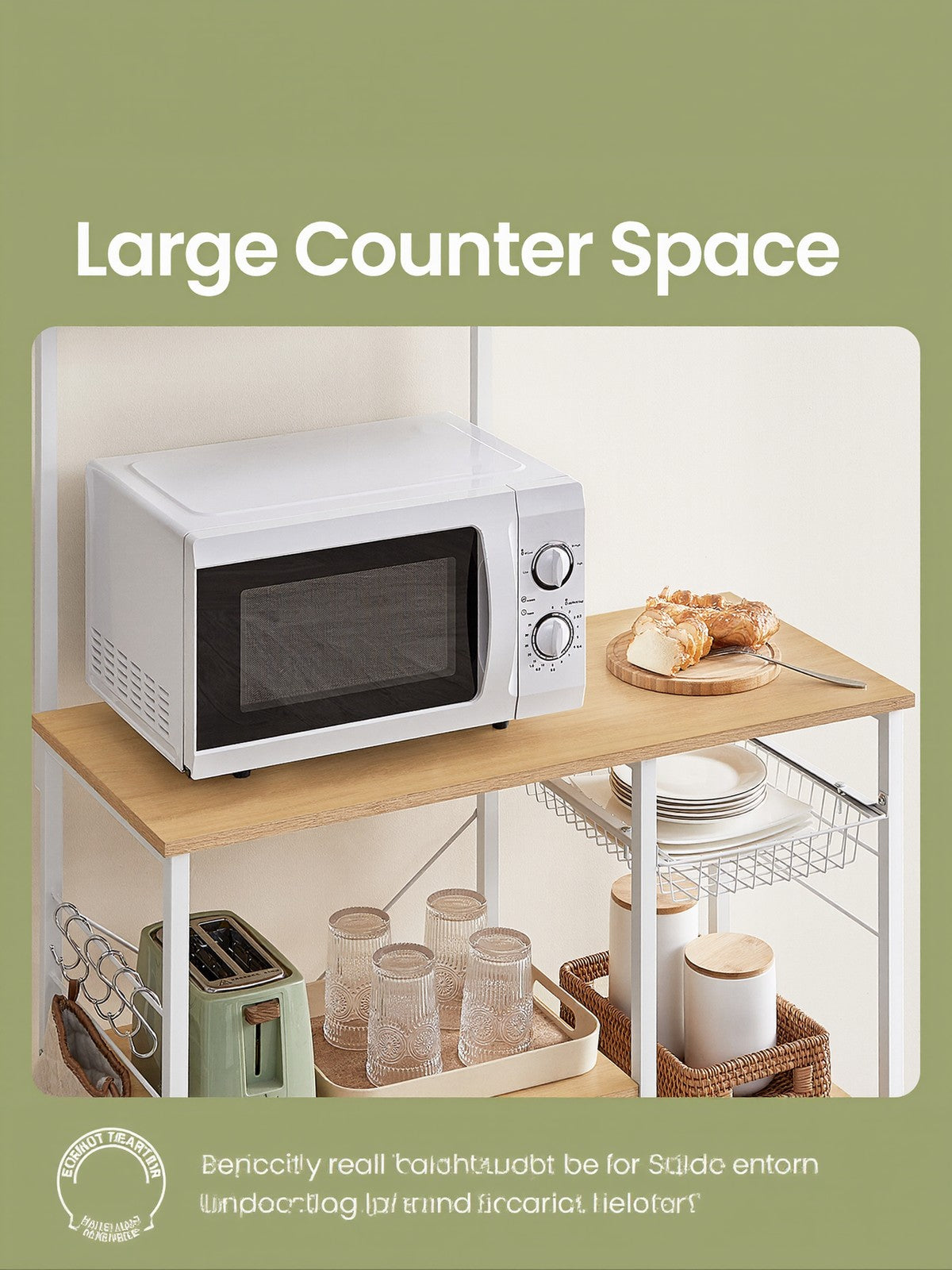 Baker's Rack – Metal and Wood – Greige and Black – Multi-functional Kitchen Storage with Wire Basket and S-Hooks
