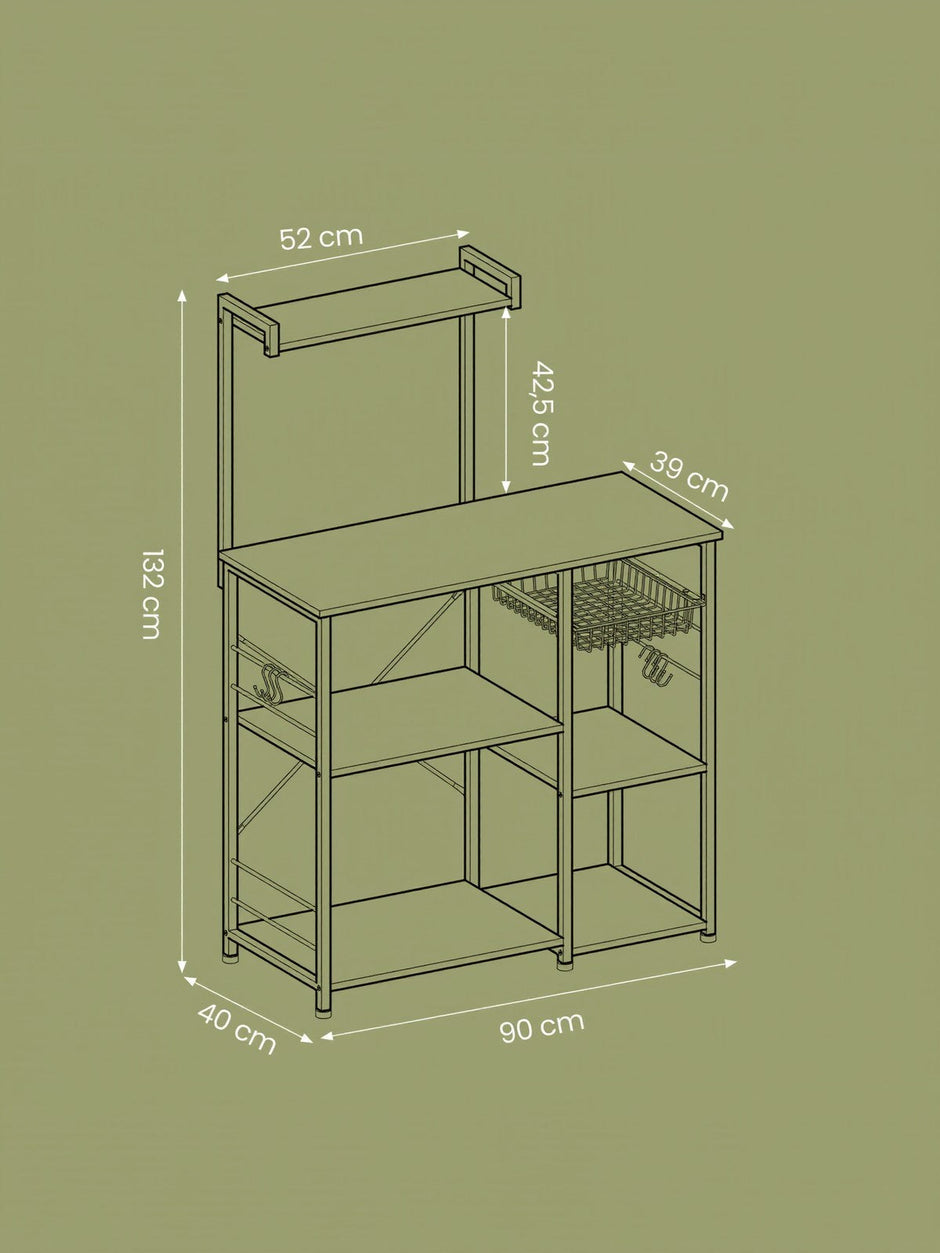 Baker's Rack – Metal and Wood – Greige and Black – Multi-functional Kitchen Storage with Wire Basket and S-Hooks