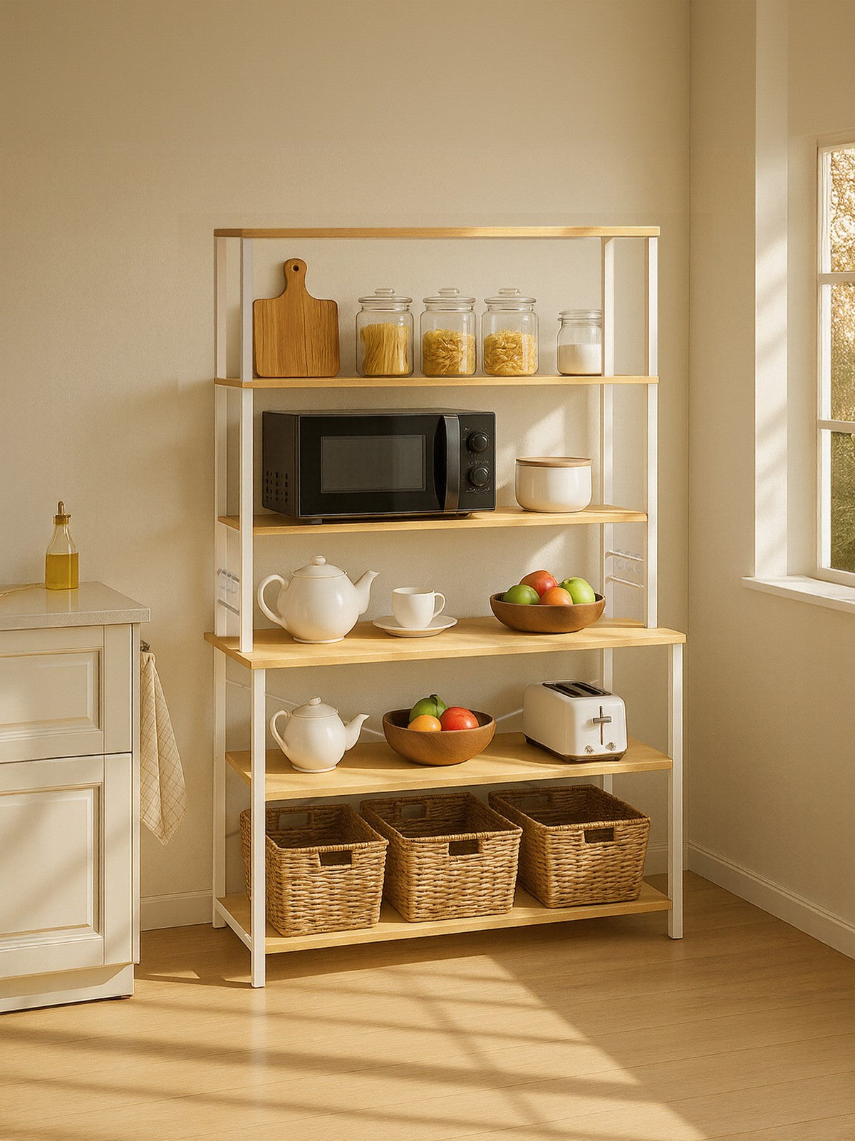 Baker’s Rack – Metal and Wood – Rustic Brown and Black – 6-Tier Kitchen Storage with Hooks
