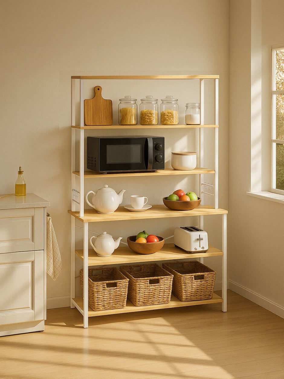 Baker’s Rack – Metal and Wood – Rustic Brown and Black – 6-Tier Kitchen Storage with Hooks