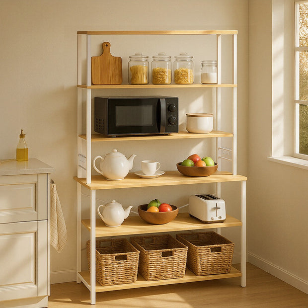 Baker’s Rack – Metal and Wood – Rustic Brown and Black – 6-Tier Kitchen Storage with Hooks