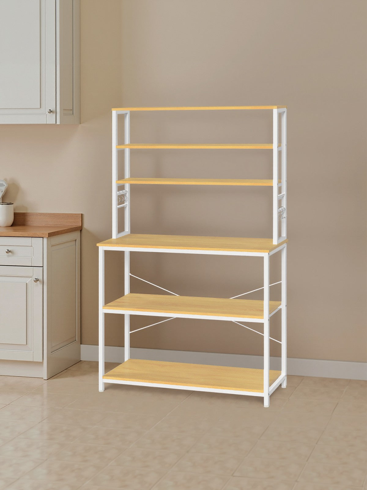 Baker’s Rack – Metal and Wood – Rustic Brown and Black – 6-Tier Kitchen Storage with Hooks
