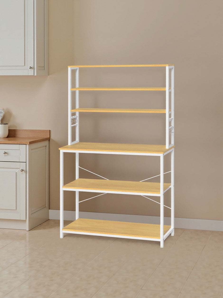Baker’s Rack – Metal and Wood – Rustic Brown and Black – 6-Tier Kitchen Storage with Hooks