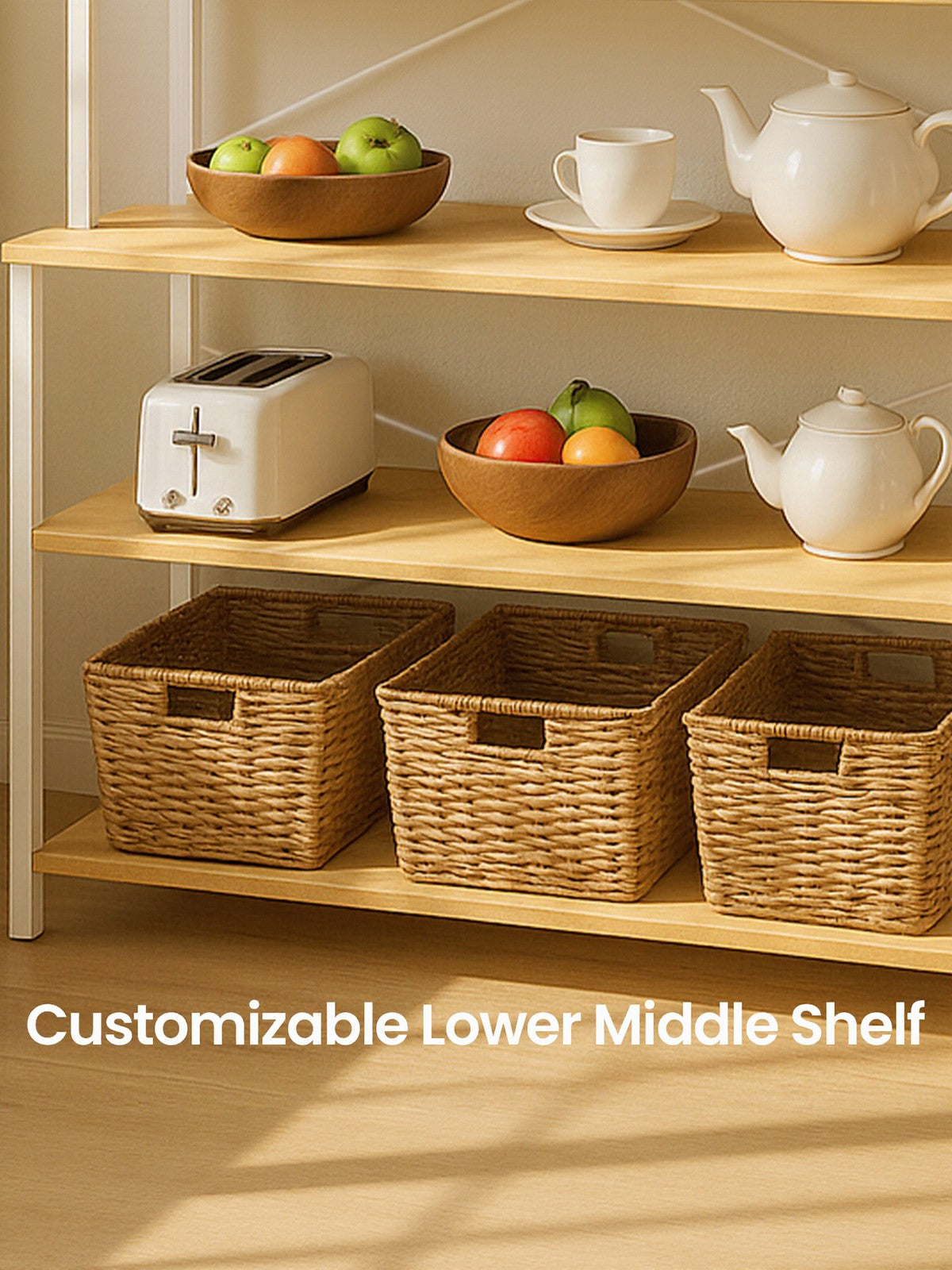 Baker’s Rack – Metal and Wood – Rustic Brown and Black – 6-Tier Kitchen Storage with Hooks