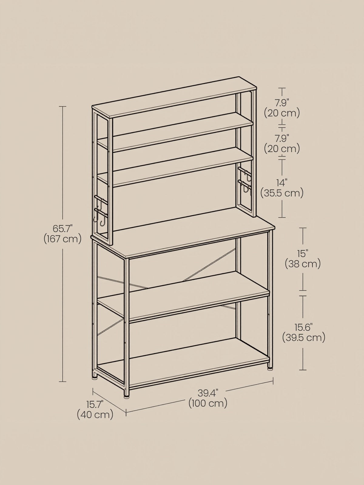 Baker’s Rack – Metal and Wood – Rustic Brown and Black – 6-Tier Kitchen Storage with Hooks