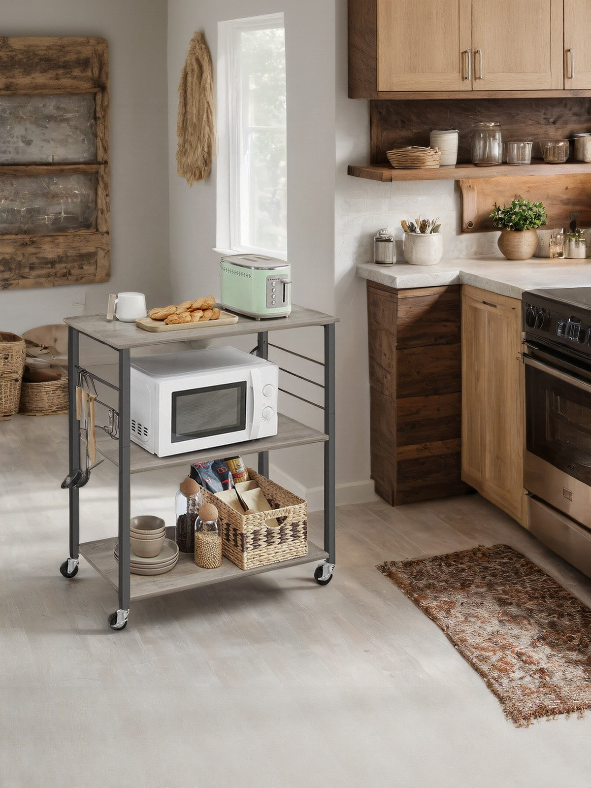Kitchen Trolley – Metal – Heather Greige/Ink Black – 3-Tier Design with Wheels and Hooks