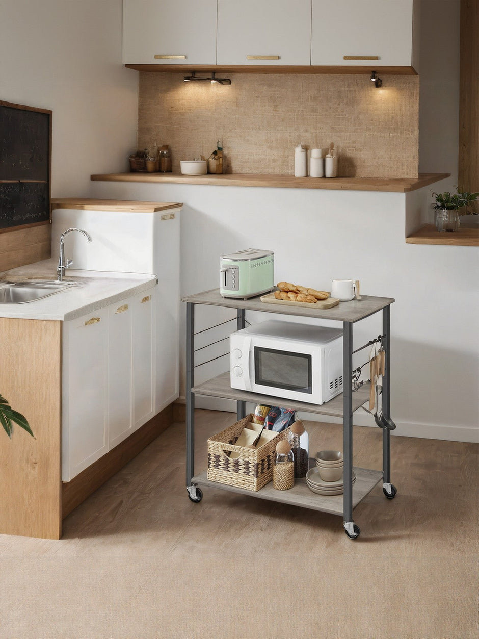 Kitchen Trolley – Metal – Heather Greige/Ink Black – 3-Tier Design with Wheels and Hooks