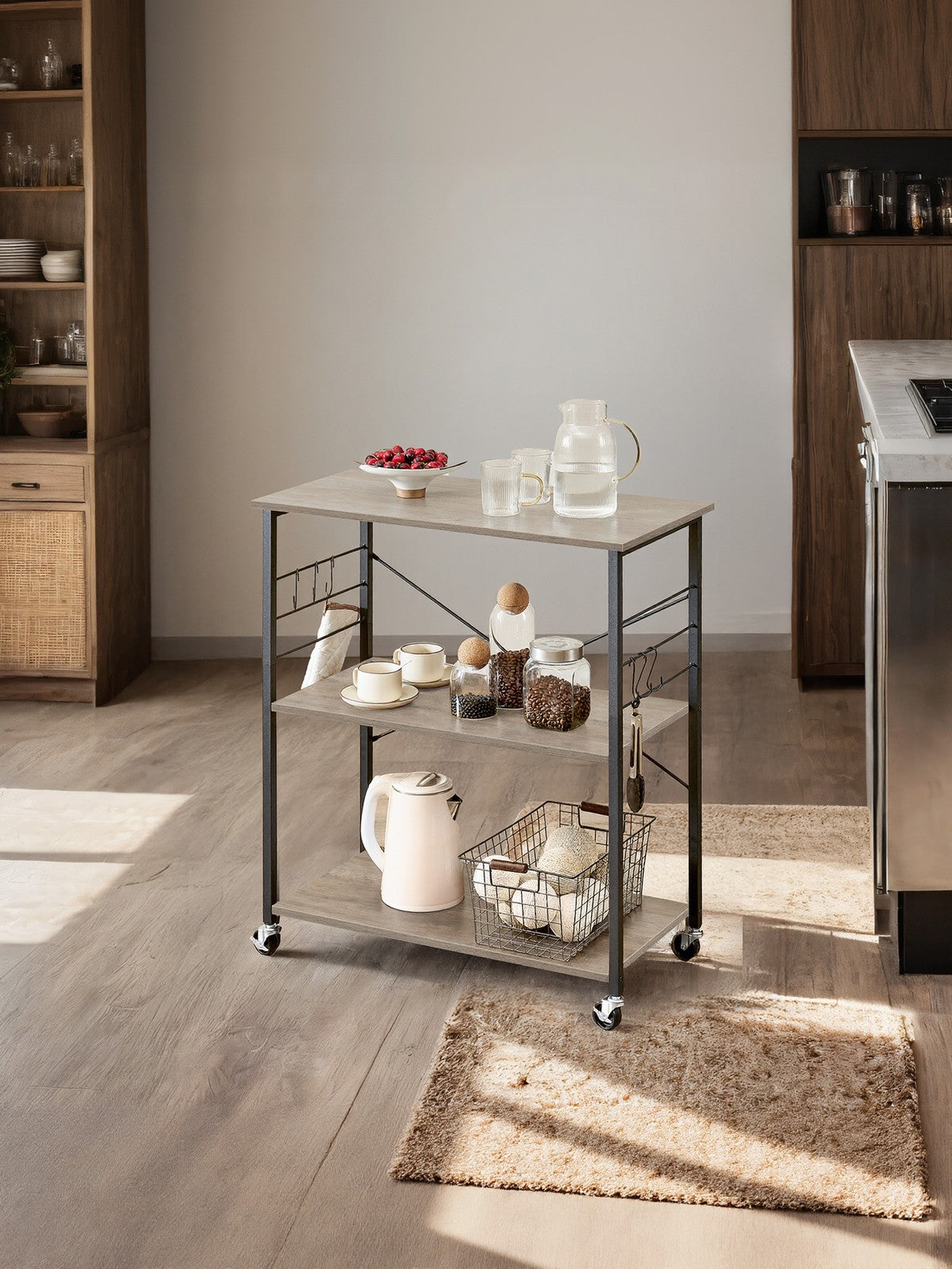 Kitchen Trolley – Metal – Heather Greige/Ink Black – 3-Tier Design with Wheels and Hooks
