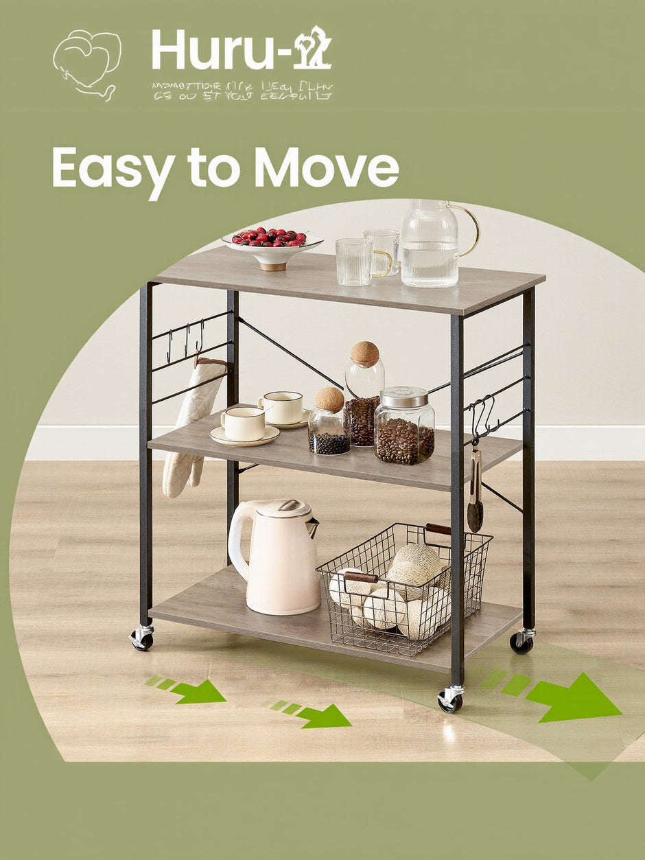 Kitchen Trolley – Metal – Heather Greige/Ink Black – 3-Tier Design with Wheels and Hooks
