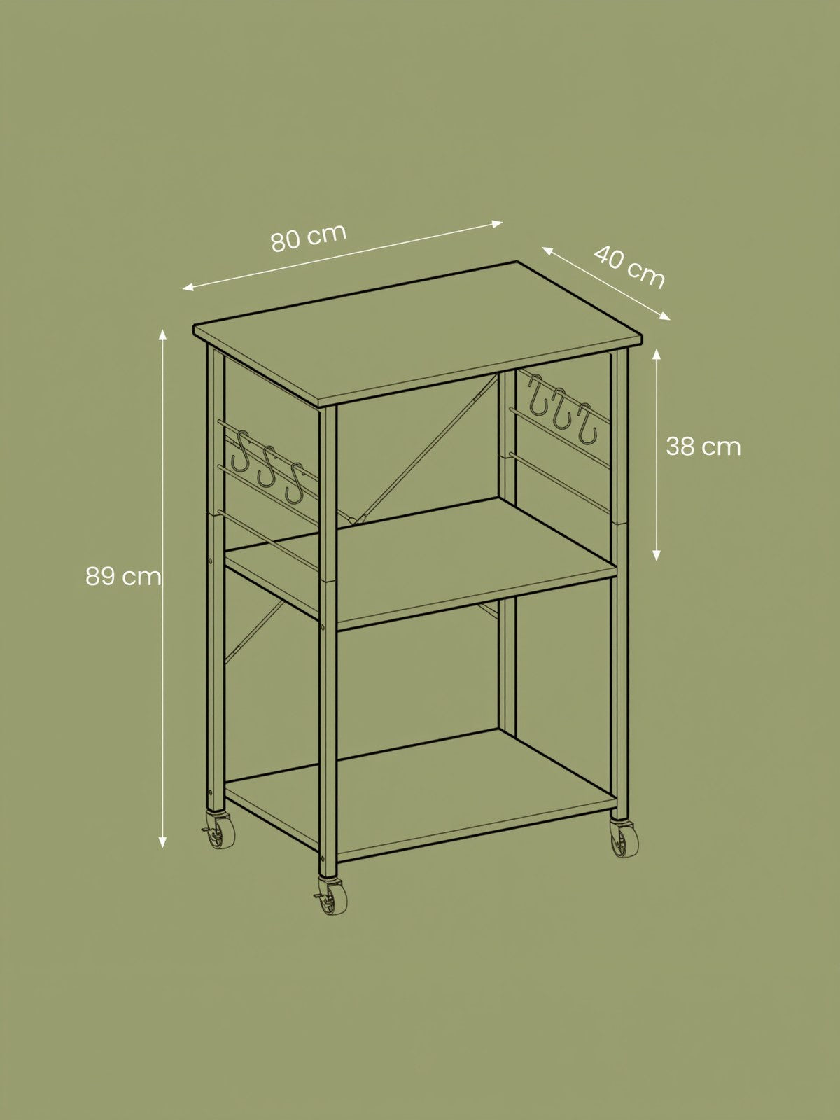 Kitchen Trolley – Metal – Heather Greige/Ink Black – 3-Tier Design with Wheels and Hooks
