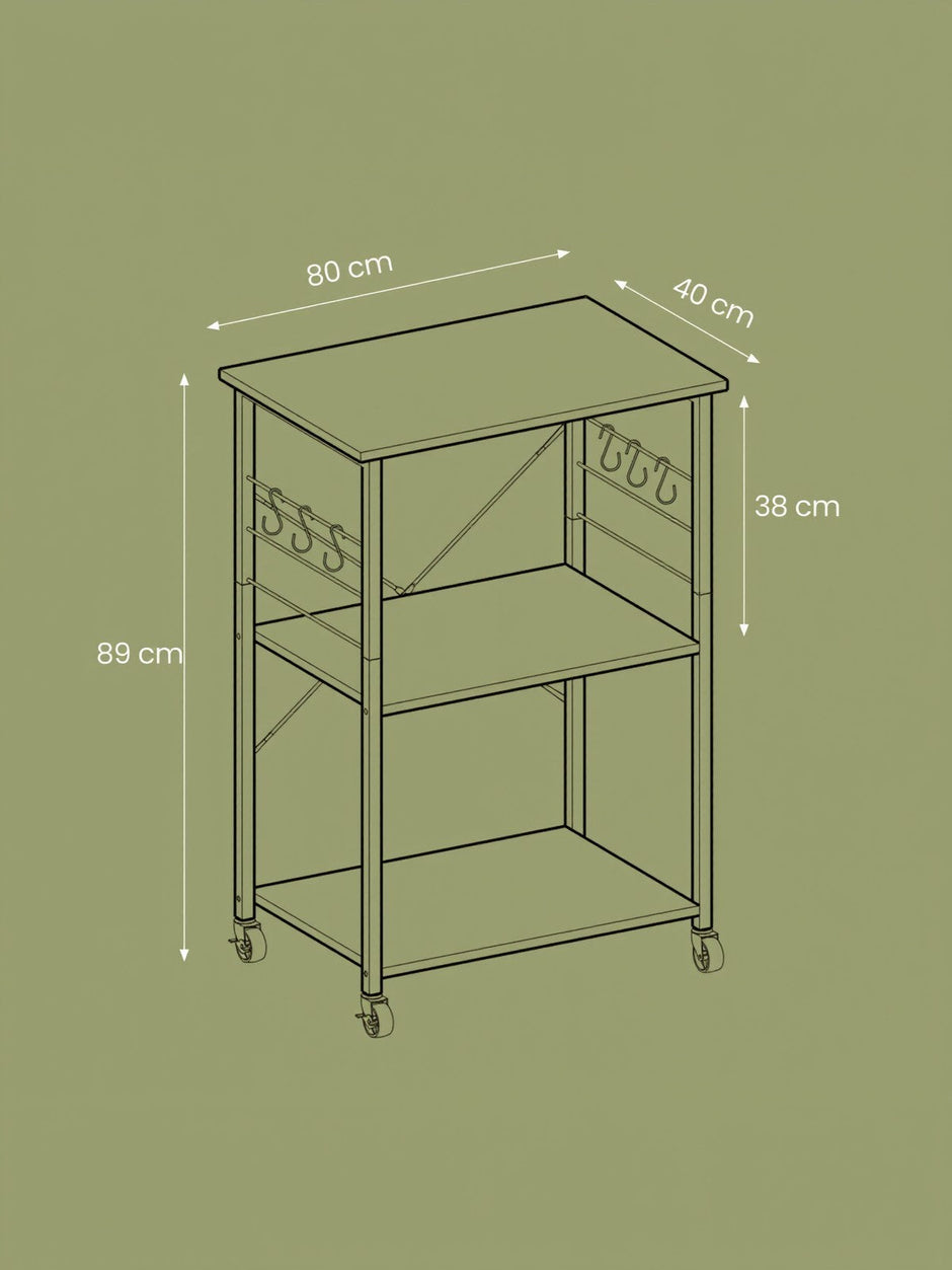 Kitchen Trolley – Metal – Heather Greige/Ink Black – 3-Tier Design with Wheels and Hooks