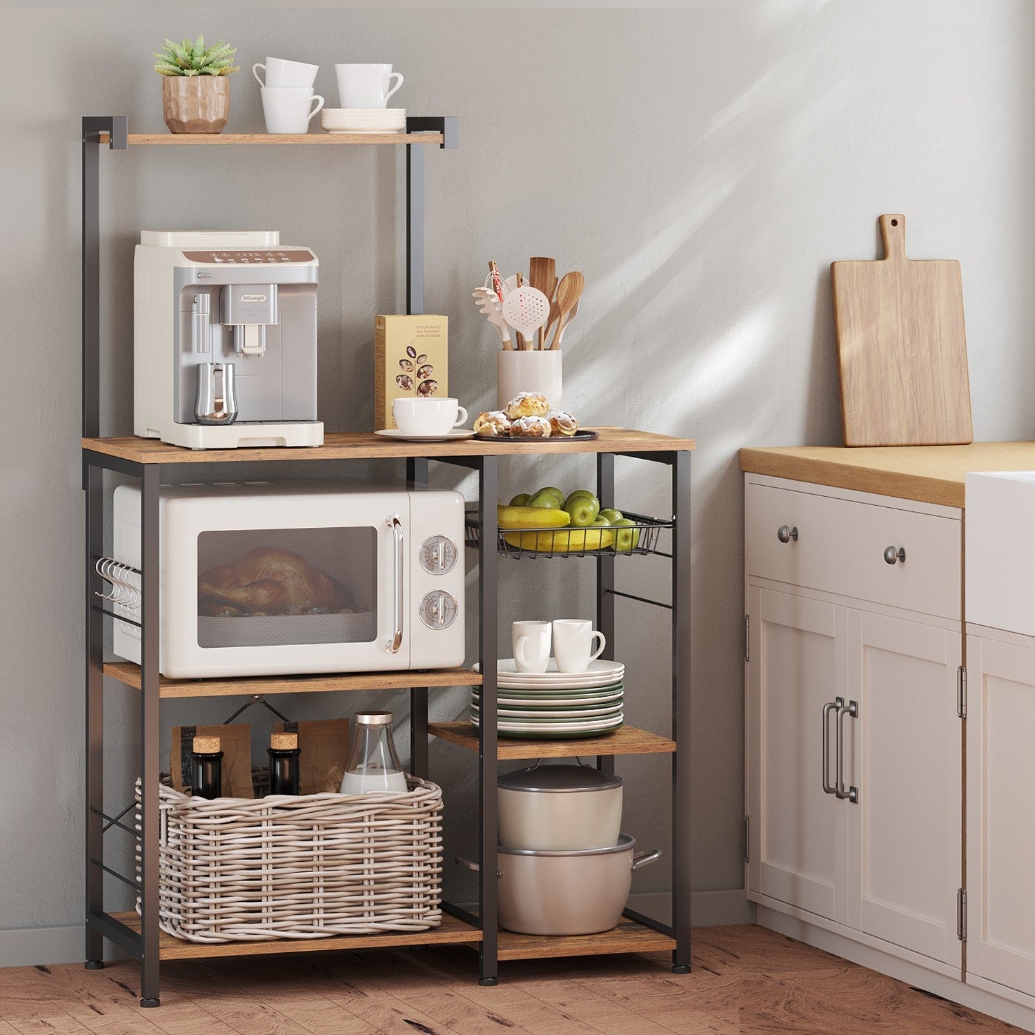 Baker's Rack – Wood and Metal – Rustic Brown – Versatile Kitchen Storage Shelf with Wire Basket and S-Hooks