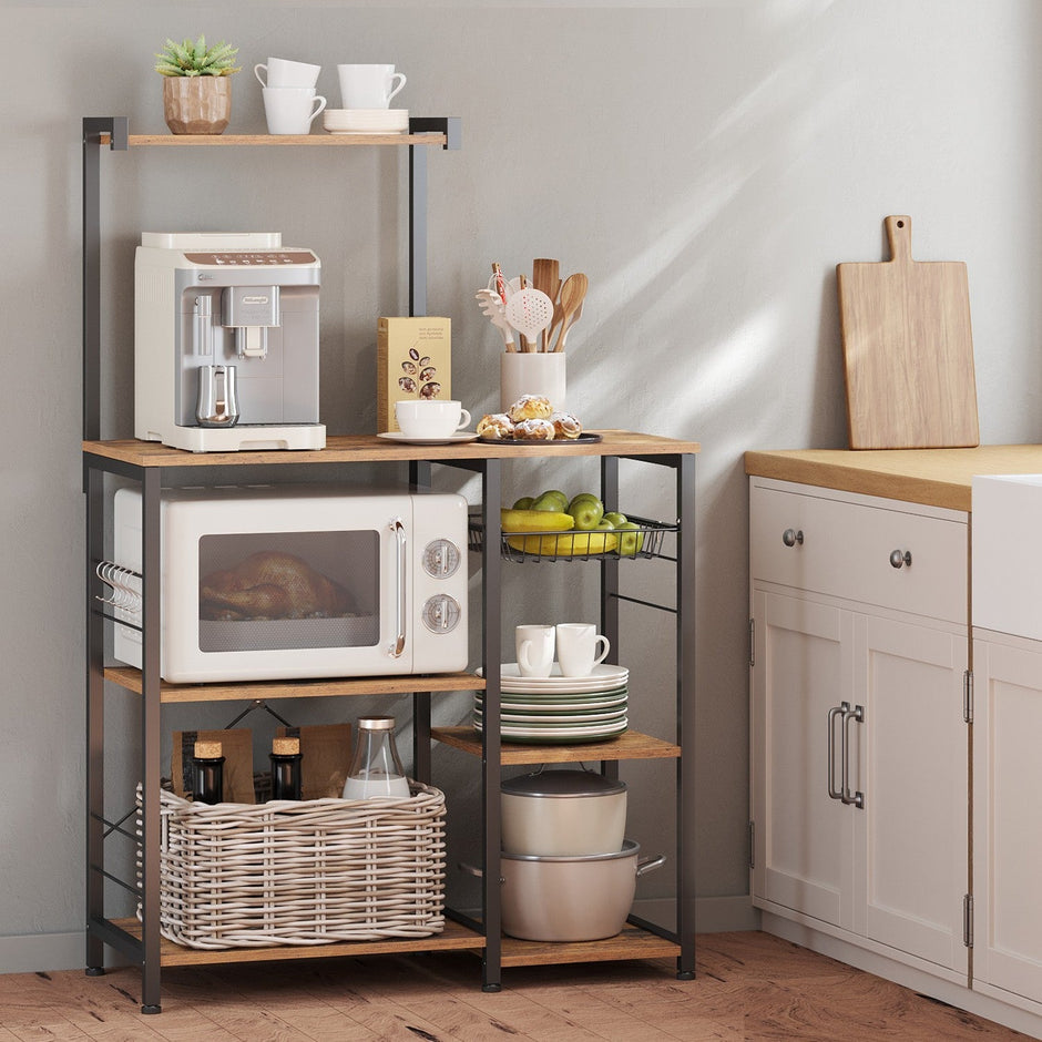 Baker's Rack – Wood and Metal – Rustic Brown – Versatile Kitchen Storage Shelf with Wire Basket and S-Hooks