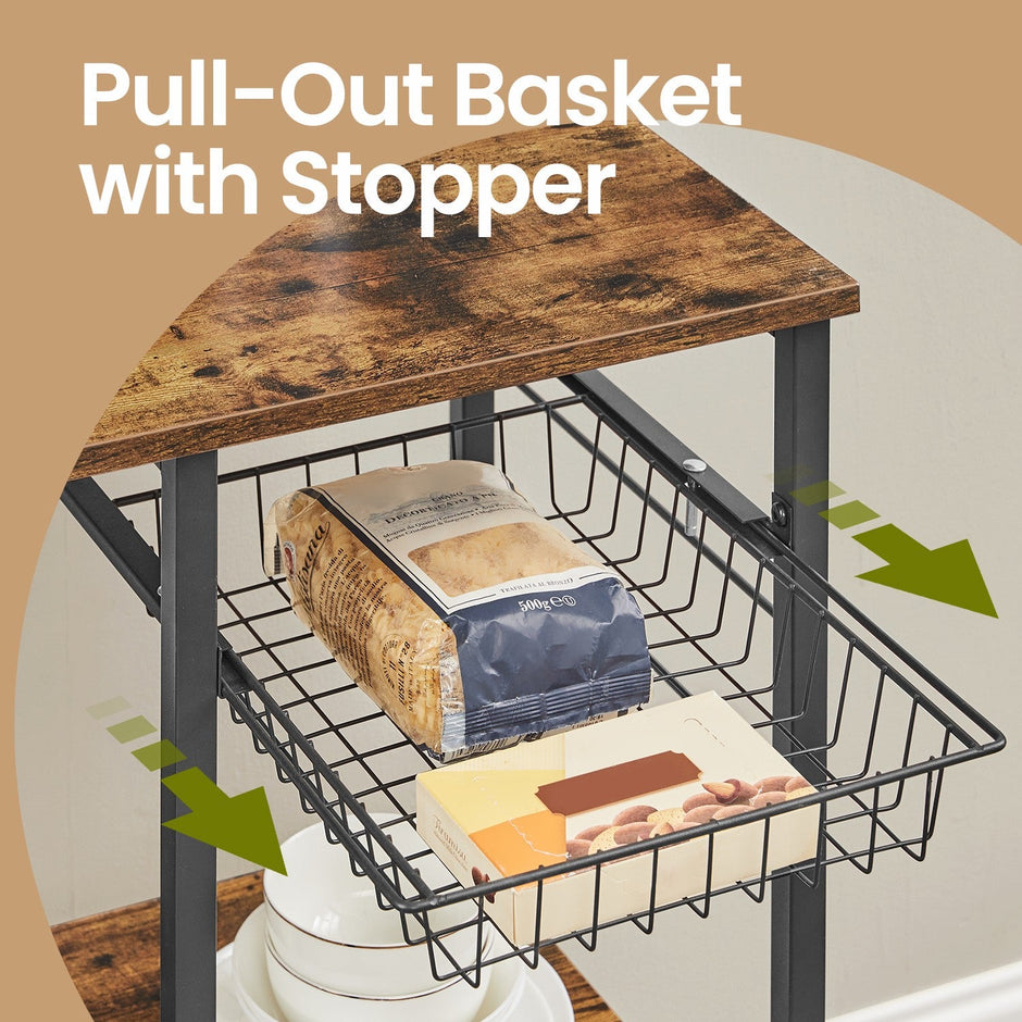 Baker's Rack – Wood and Metal – Rustic Brown – Versatile Kitchen Storage Shelf with Wire Basket and S-Hooks