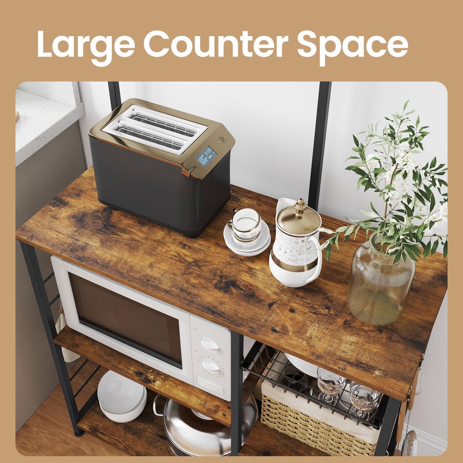 Baker's Rack – Wood and Metal – Rustic Brown – Versatile Kitchen Storage Shelf with Wire Basket and S-Hooks