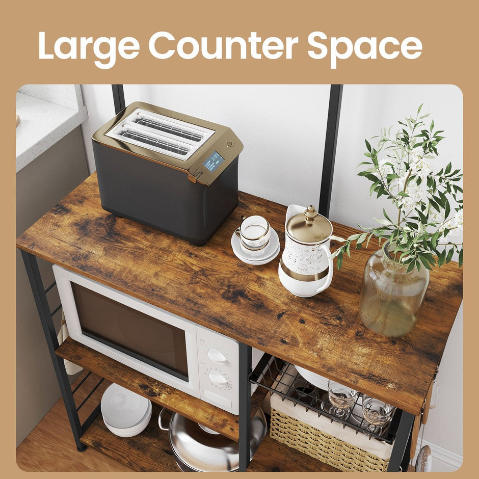 Baker's Rack – Wood and Metal – Rustic Brown – Versatile Kitchen Storage Shelf with Wire Basket and S-Hooks