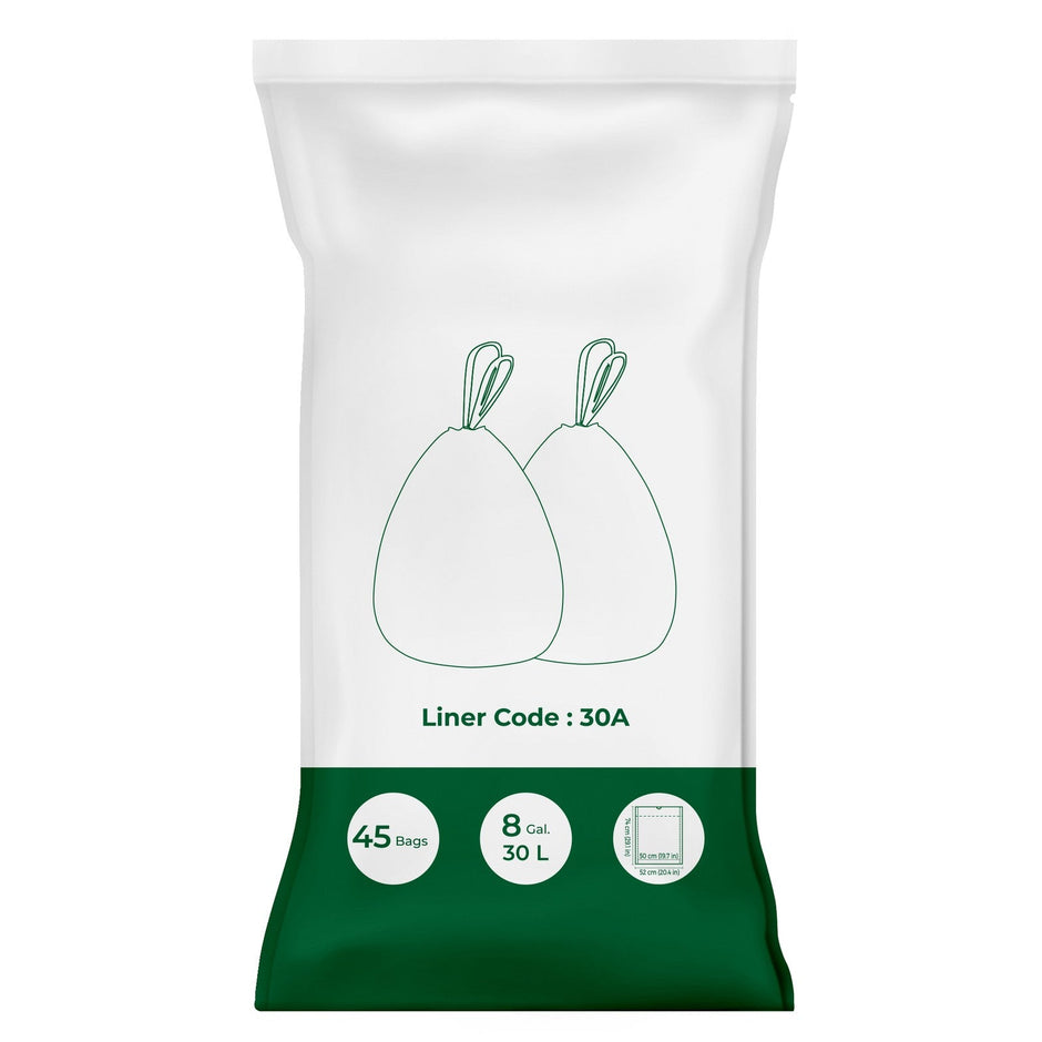 Drawstring Trash Bags – White – Robust and Watertight – For 8-Gallon Trash Bins – 1 Roll