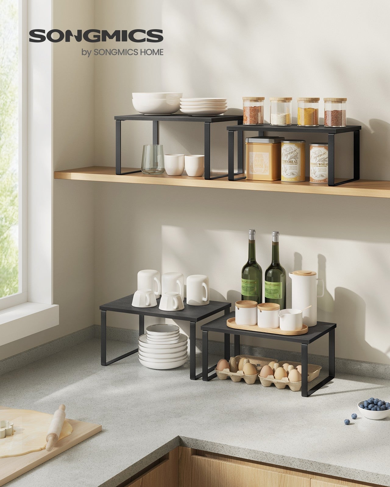 Set of 2 Cupboard Shelf Organisers – Metal and Engineered Wood – Ink Black and Ebony Black – Expandable and Stackable