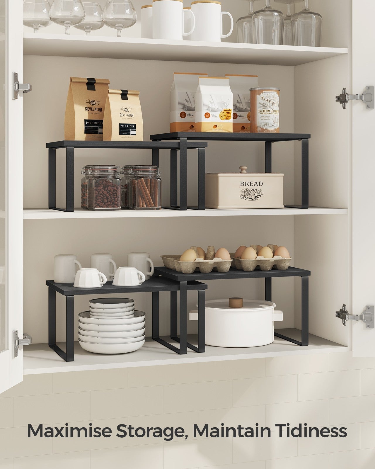 Set of 2 Cupboard Shelf Organisers – Metal and Engineered Wood – Ink Black and Ebony Black – Expandable and Stackable