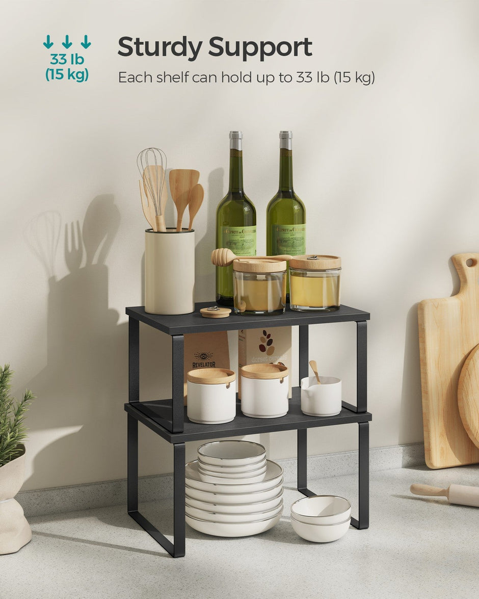 Set of 2 Cupboard Shelf Organisers – Metal and Engineered Wood – Ink Black and Ebony Black – Expandable and Stackable