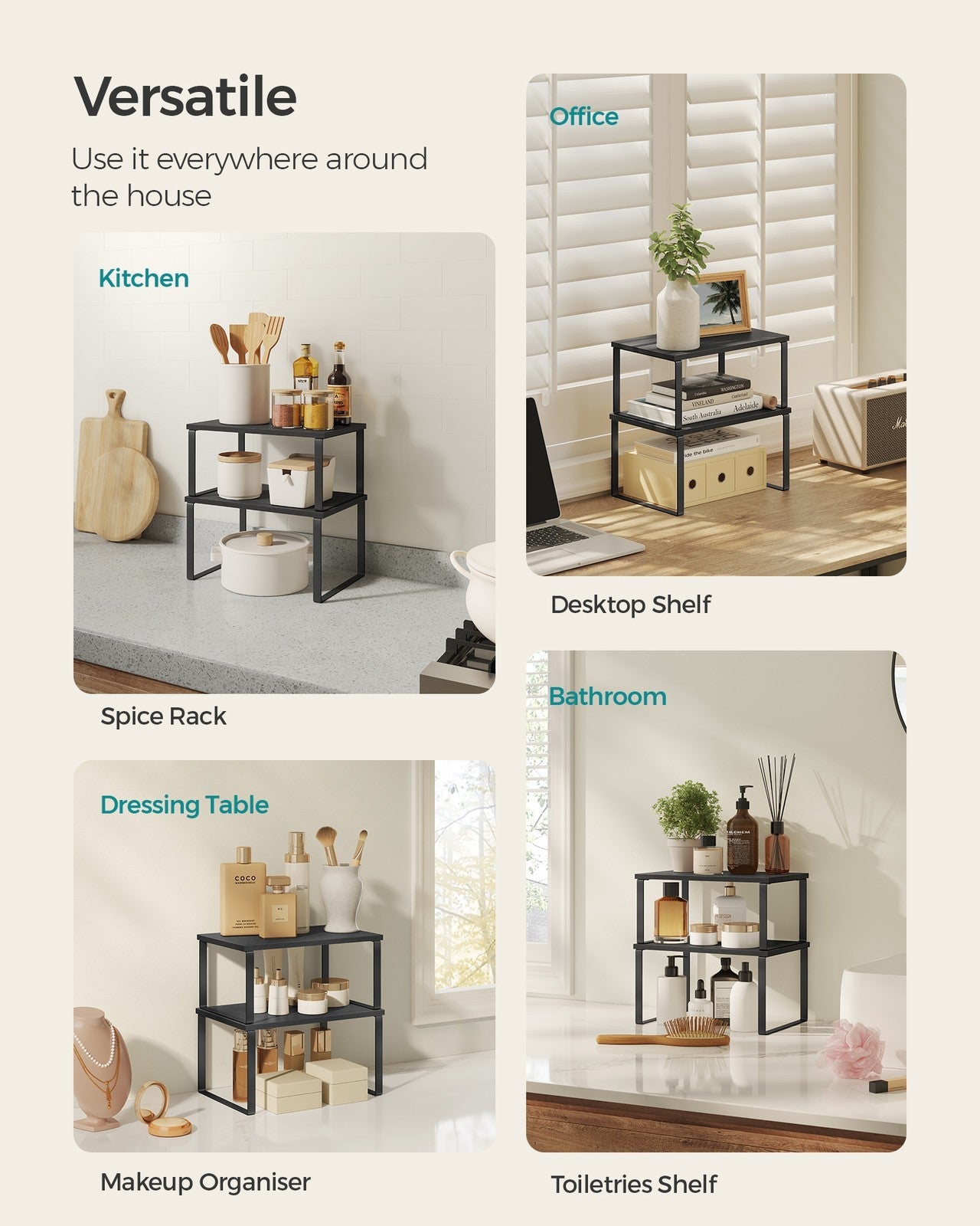 Set of 2 Cupboard Shelf Organisers – Metal and Engineered Wood – Ink Black and Ebony Black – Expandable and Stackable