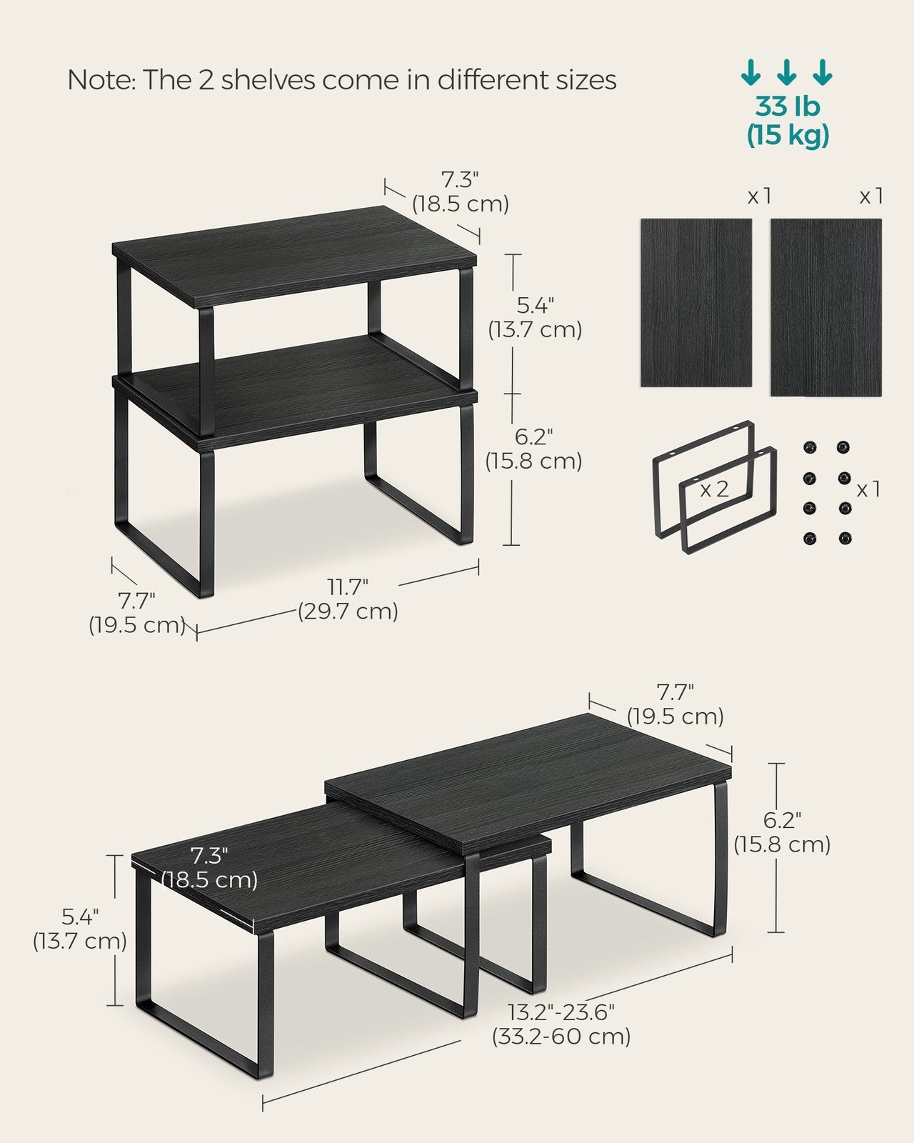 Set of 2 Cupboard Shelf Organisers – Metal and Engineered Wood – Ink Black and Ebony Black – Expandable and Stackable