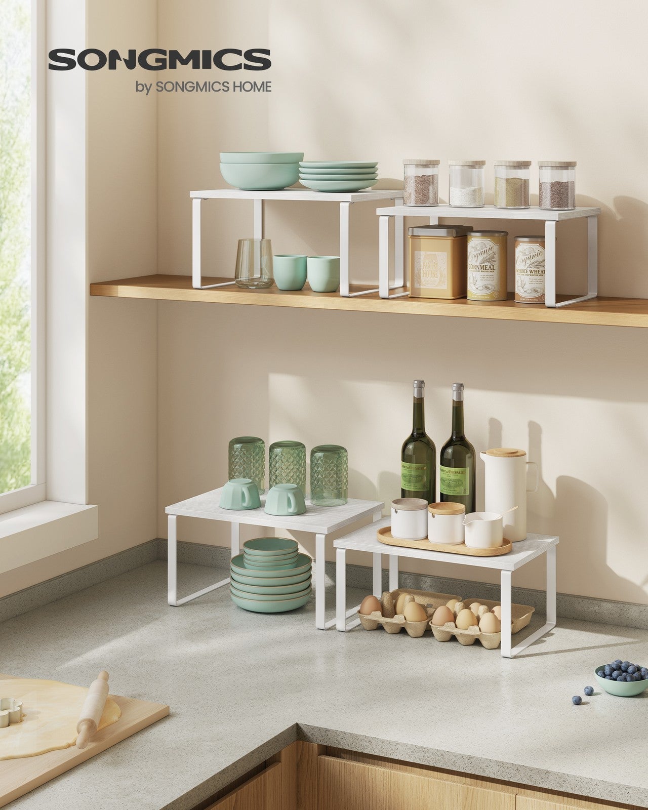 Set of 2 Cupboard Shelf Organisers – Metal and Engineered Wood – Cloud White and Snow White – Expandable and Stackable