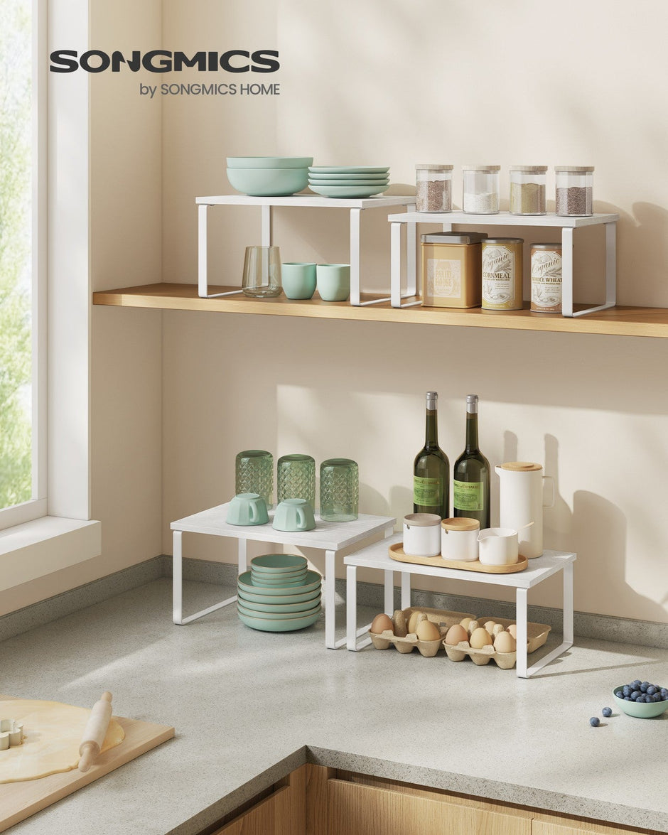 Set of 2 Cupboard Shelf Organisers – Metal and Engineered Wood – Cloud White and Snow White – Expandable and Stackable