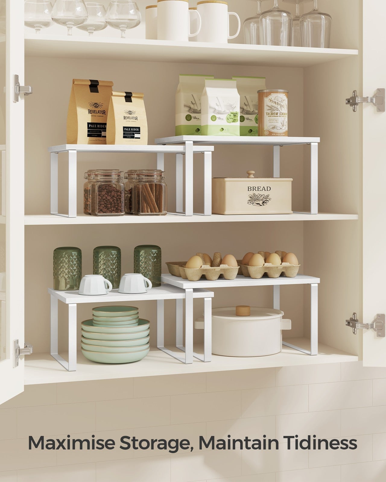 Set of 2 Cupboard Shelf Organisers – Metal and Engineered Wood – Cloud White and Snow White – Expandable and Stackable