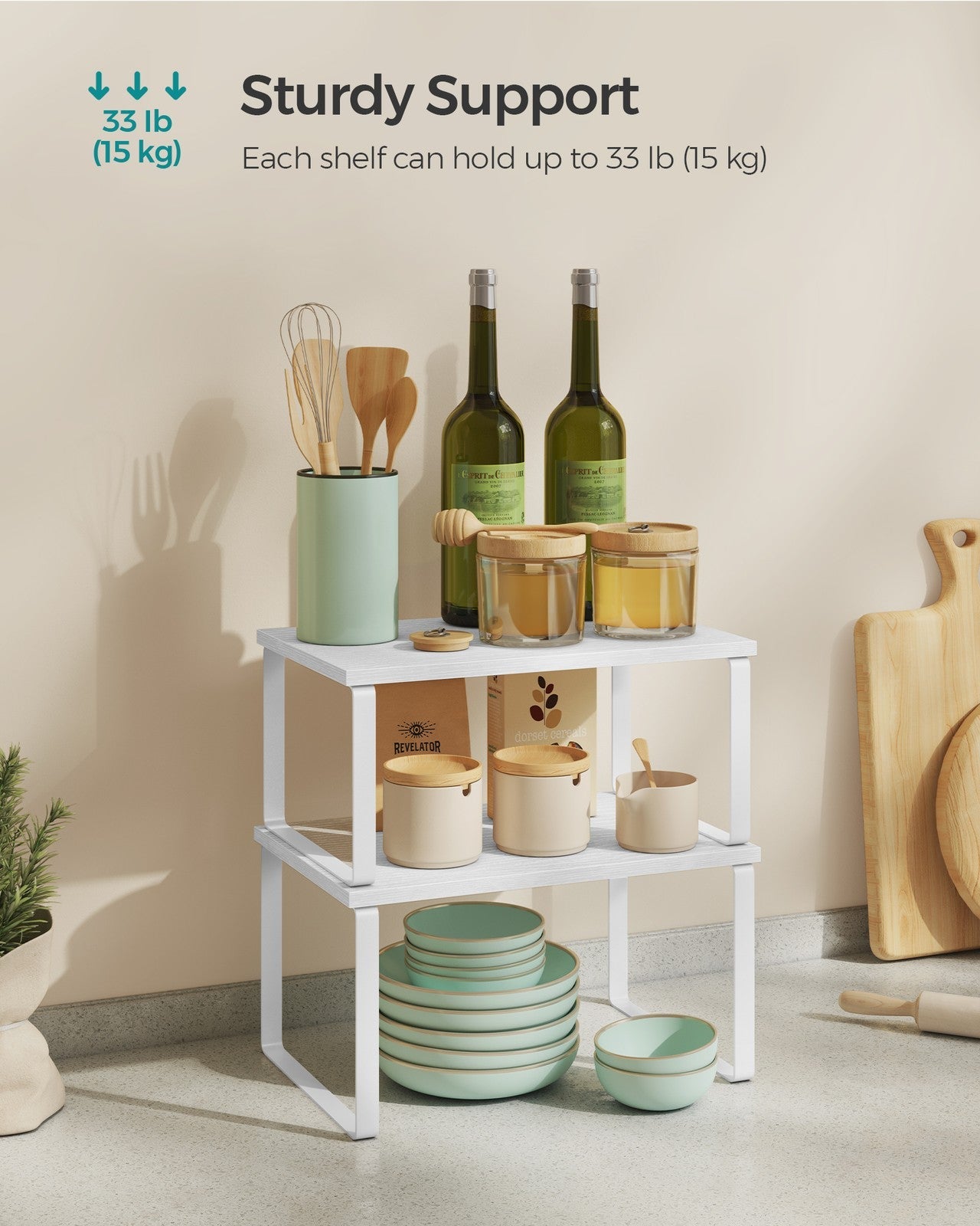 Set of 2 Cupboard Shelf Organisers – Metal and Engineered Wood – Cloud White and Snow White – Expandable and Stackable