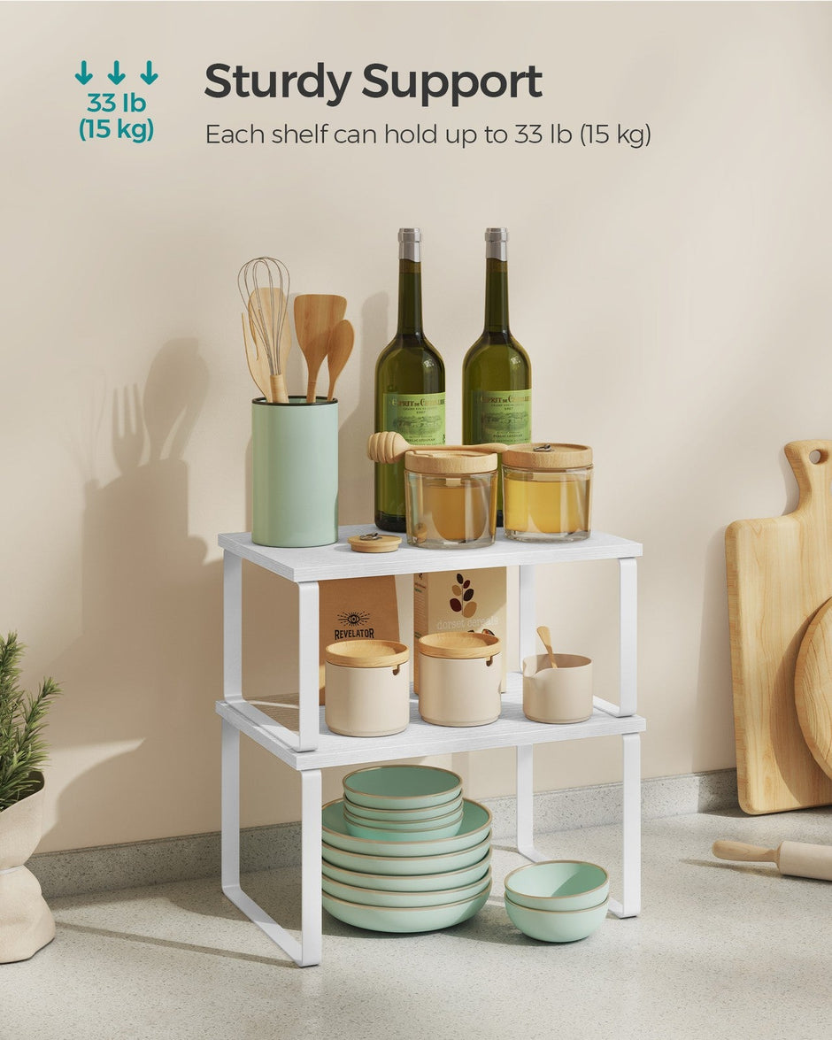 Set of 2 Cupboard Shelf Organisers – Metal and Engineered Wood – Cloud White and Snow White – Expandable and Stackable