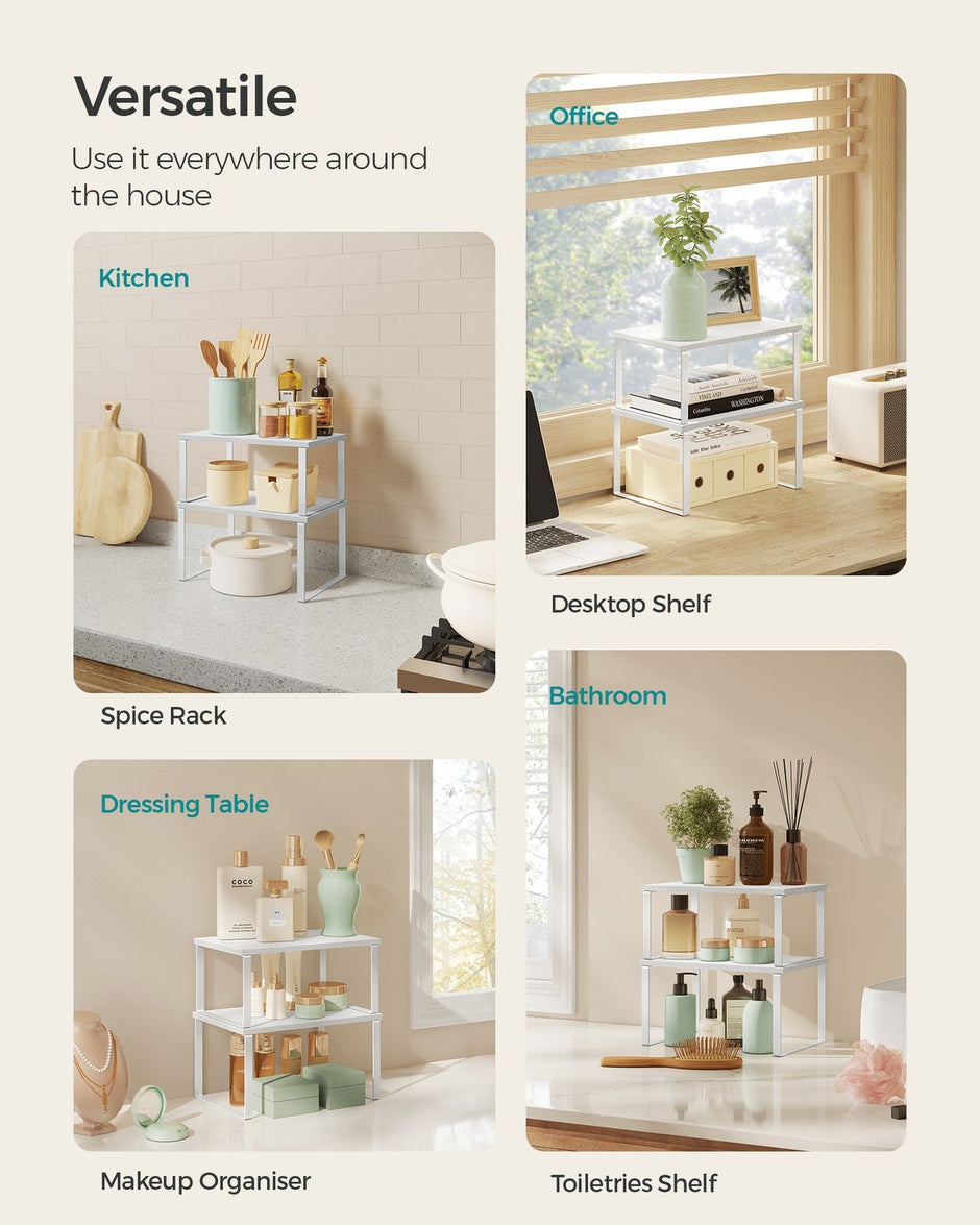 Set of 2 Cupboard Shelf Organisers – Metal and Engineered Wood – Cloud White and Snow White – Expandable and Stackable