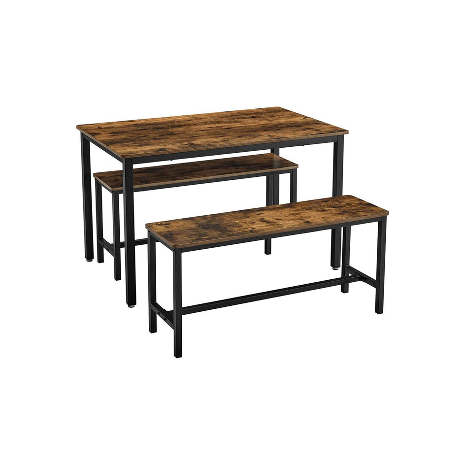 Dining Table Set – Steel Frame – Rustic Brown and Black – Industrial Design with 2 Benches