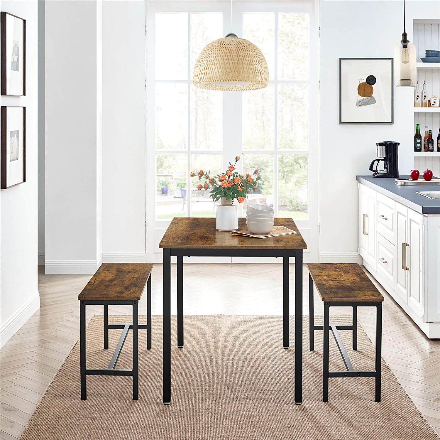 Dining Table Set – Steel Frame – Rustic Brown and Black – Industrial Design with 2 Benches