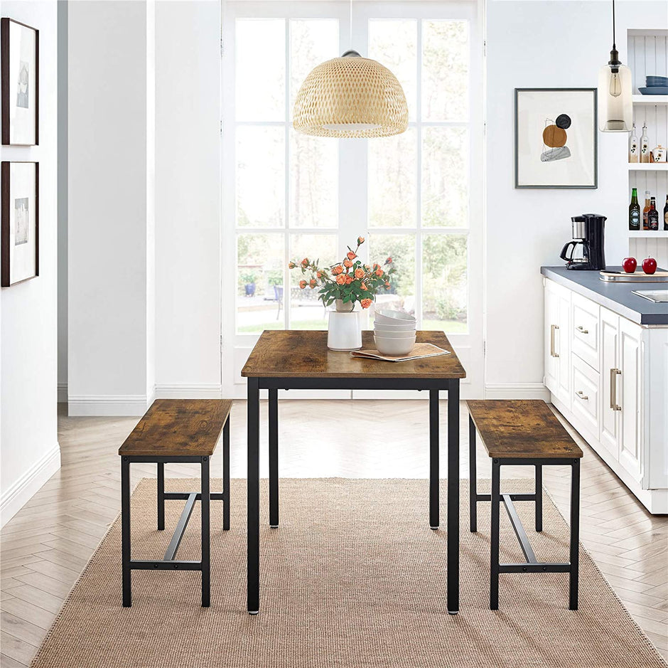 Dining Table Set – Steel Frame – Rustic Brown and Black – Industrial Design with 2 Benches