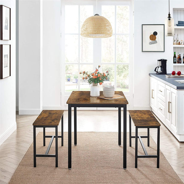 Dining Table Set – Steel Frame – Rustic Brown and Black – Industrial Design with 2 Benches