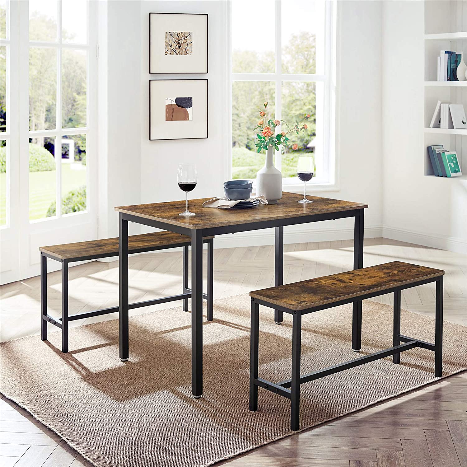 Dining Table Set – Steel Frame – Rustic Brown and Black – Industrial Design with 2 Benches