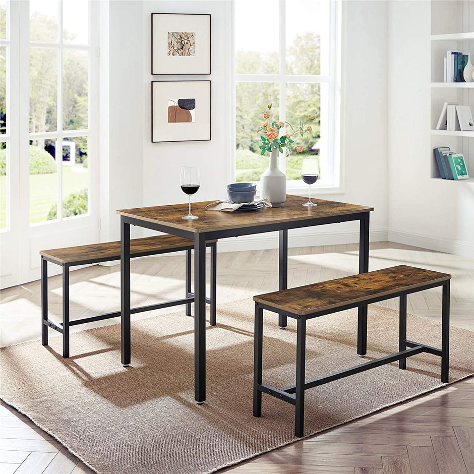 Dining Table Set – Steel Frame – Rustic Brown and Black – Industrial Design with 2 Benches