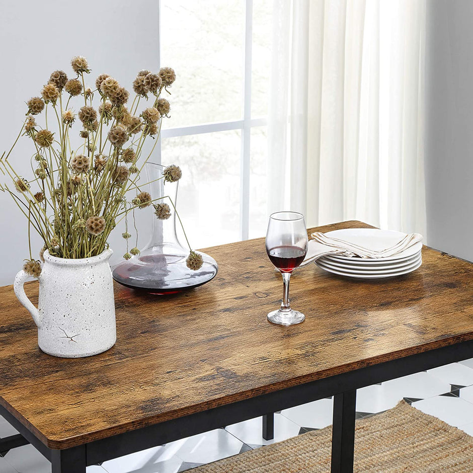 Dining Table Set – Steel Frame – Rustic Brown and Black – Industrial Design with 2 Benches