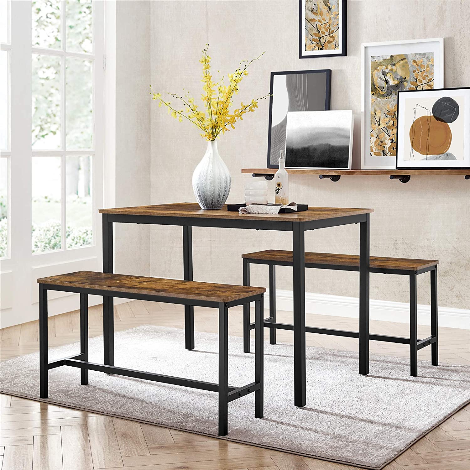 Dining Table Set – Steel Frame – Rustic Brown and Black – Industrial Design with 2 Benches